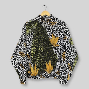 Vintage Fuda Tiger Leopard Patterned Silk Jacket Large Abstract Designer Pop Art Over Printed Coat Cheetah Baroque Style Zipper Jacket L