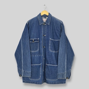 Vintage japanskt märke arbetskläder jeansjacka stor soldat franskt arbete bomull herrjacka fyra fickor casual rock knappjeans storlek L