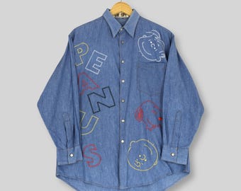 Vintage 90s Peanuts Snoopy Denim Shirt Medium Joe Cool Peanuts Snoopy Embroidered Jeans Shirt Peanuts Snoopy Cartoon Movie Flannel Shirt M