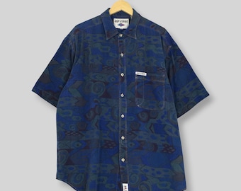 Vintage 90s Rip Curl Abstract Geometric Short Sleeve Shirt XLarge Blue Mens Surf Retro Tribal Surfwear Button Up Camp Shirt Size XL