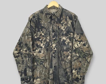 Camisa vintage de camuflaje de roble musgoso del Territorio del Noroeste, camisa de franela con camuflaje de árbol real, estilo militar, para caza y bosque, con botones, talla L