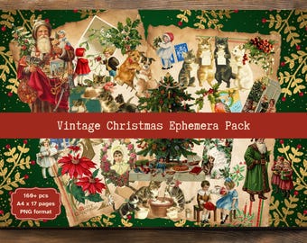 Könnte beinhalten: Eine Sammlung von Vintage-Weihnachtsephemera mit Illustrationen von Weihnachtsmann, Katzen, Hunden, Kindern und Weihnachtsbäumen. Das Paket enthält über 160 Teile, A4-Größe, 17 Seiten und PNG-Format. Der Titel "Vintage Christmas Ephemera Pack" ist auf einem roten Banner zu sehen.