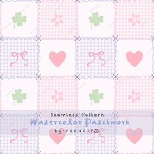 Könnte beinhalten: Ein nahtloses Aquarell-Patchworkmuster mit abwechselnden Quadraten mit Vichy-Karo, Herzen, Schleifen, Kleeblättern und Blumen. Das Design enthält den Text "Seamless Pattern" und "Watercolor Patchwork" von Yoonzip.