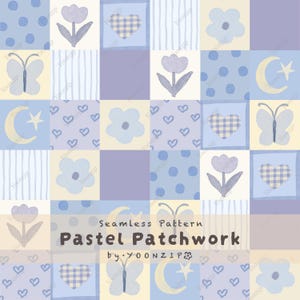 May include: A seamless pastel patchwork pattern with squares of various designs. The pattern includes butterflies, flowers, hearts, dots, stripes, and crescent moons with stars. The text "Seamless Pattern Pastel Patchwork" is displayed at the bottom.