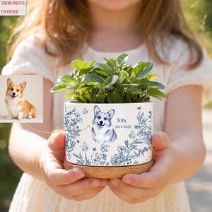 Personalized Corgi Photo Planter, Custom Pet Portrait Pot, Toile de Jouy Pet Memorial Gift, Dog Sympathy Indoor Decor