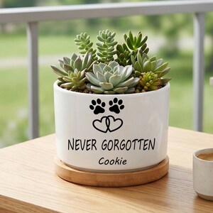 May include: A white ceramic cylindrical planter with a bamboo saucer base, containing a variety of green succulents. The front features black graphics of two paw prints and two hearts, with the text NEVER GORGOTTEN and the name Cookie below.