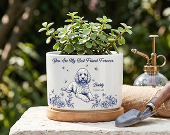 Pet Memorial Planter, Custom Dog Portrait Flower Pot, Dog Loss Keepsake, Sympathy Gift for Dog Mom, Toile Style Memorial Decor