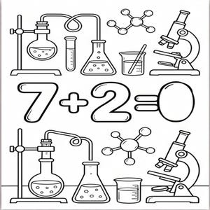 以下が含まれることがあります： フラスコ、試験管、ビーカー、顕微鏡などの科学機器、分子構造、そして大きな「7 + 2 = 0」という文字が描かれた白黒の塗り絵ページです。このデザインは2つの水平な列に繰り返されています。