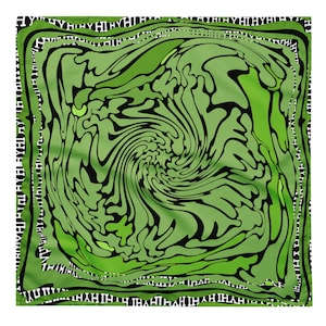 May include: Square green scarf with a swirling, abstract design in shades of green and black. The scarf has a white and black border with repeating text. The overall design is modern and eye-catching.