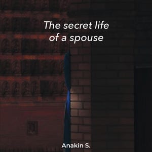 Puede incluir: Portada de libro con el título "The secret life of a spouse" en blanco. El nombre del autor, Anakin S., también se muestra. El fondo presenta una pared de ladrillos y una cortina azul.