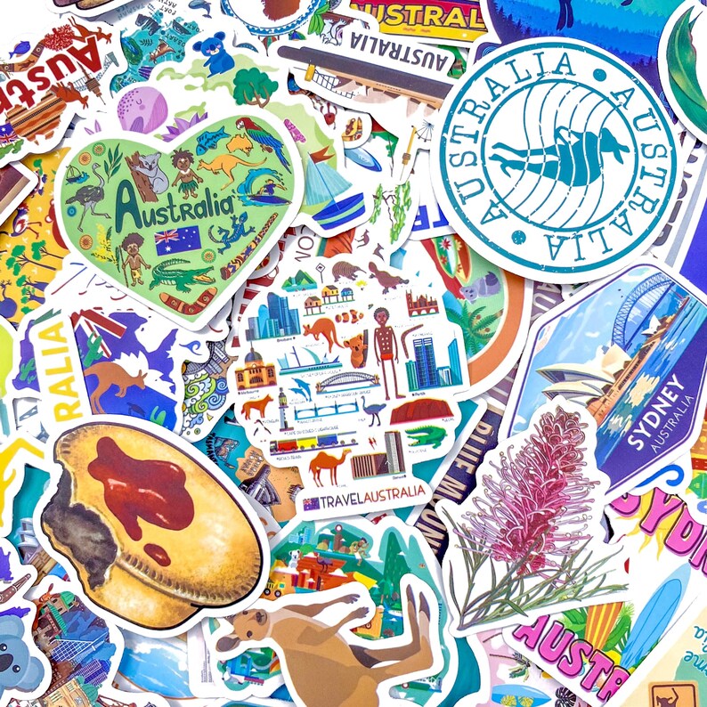 Pack of 50 Aussie Map Art Stickers, Outback Animal Stickers, Down Under ...