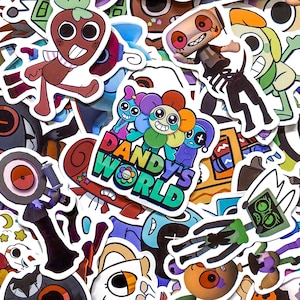 Könnte beinhalten: Eine Sammlung bunter Aufkleber mit verschiedenen Cartoon-Charakteren und Designs. Die Aufkleber zeigen eine lächelnde erdbeerartige Figur, einen Roboter mit Bildschirmgesicht und den Text "Dandy's World". Die Aufkleber sind in verschiedenen Formen und Größen.