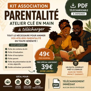 Puede incluir: Anuncio en PDF descargable para un kit de taller de crianza. La imagen presenta a una familia leyendo un libro, con texto en francés. El kit incluye guías de contenido, evaluación y presentación. Está diseñado para asociaciones, centros sociales y talleres de padres e hijos.