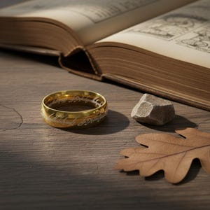 Könnte beinhalten: Ein goldfarbener Ring mit eingraviertem Text, der auf einer Holzoberfläche neben einem Buch, einem kleinen Stein und einem getrockneten Blatt liegt. Das Design des Rings deutet auf ein Fantasy- oder literarisches Thema hin.