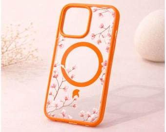 Cherry Blossom MagSafe Case | Pink Floral iPhone Cover, Orange Frame, Protective Flower Accessory