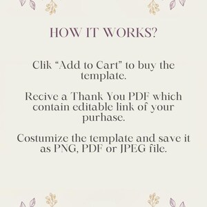 Peut inclure: Graphique cr&egrave;me avec le texte &laquo;&nbsp;COMMENT &Ccedil;A MARCHE&nbsp;?&nbsp;&raquo; et des instructions sur la fa&ccedil;on d'acheter et de personnaliser un mod&egrave;le. L'image est d&eacute;cor&eacute;e de motifs floraux et de feuilles dans des tons de violet et d'or.