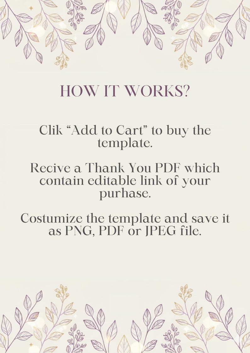 Peut inclure: Graphique cr&egrave;me avec le texte &laquo;&nbsp;COMMENT &Ccedil;A MARCHE&nbsp;?&nbsp;&raquo; et des instructions sur la fa&ccedil;on d'acheter et de personnaliser un mod&egrave;le. L'image est d&eacute;cor&eacute;e de motifs floraux et de feuilles dans des tons de violet et d'or.