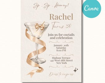 Invitation d'anniversaire élégante pour adulte • Verre à martini ruban crème • Texte modifiable • Invitation minimale à une soirée cocktail • Numérique