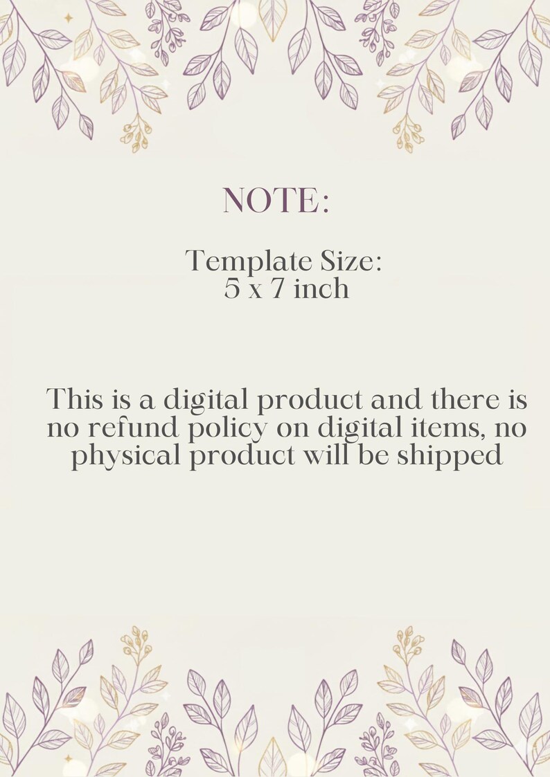 Peut inclure: Mod&egrave;le de produit num&eacute;rique cr&egrave;me avec des accents floraux. Le texte indique "NOTE : Taille du mod&egrave;le : 5 x 7 pouces". Le texte suppl&eacute;mentaire indique qu'il s'agit d'un produit num&eacute;rique sans remboursement et qu'aucun produit physique ne sera exp&eacute;di&eacute;.