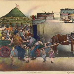 May include: A watercolor illustration titled The Merry-Go-Round by Seymour Rosenthal depicting a horse-drawn carousel with a green canopy, red wheels, and figures of people interacting near the ride, set against a backdrop of city buildings.