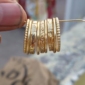 Raw Brass Ring Set for Women, Textured Gold Tone Bands, Artisan Bohemian Stacking Rings, Everyday Jewelry