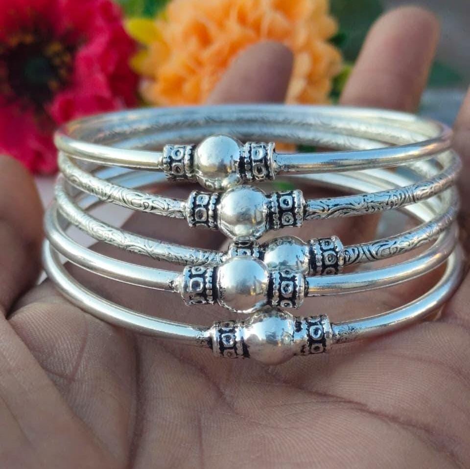 Sterling Silver Bangle Set | Textured Silver Kada, Men's Jewelry