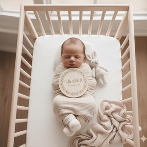 Peut inclure: Un nouveau-né enveloppé dans une couverture beige, allongé dans un berceau en bois. Un panneau rond en bois avec le texte "Hello World" est placé sur la poitrine du bébé. Un petit lapin en peluche et une couverture sont également dans le berceau.