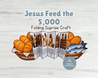 Jesús alimenta a 5000 personas: Manualidades para la escuela dominical: panes y peces plegados sorpresa, actividades imprimibles bíblicas para niños, imprimibles con temática religiosa.