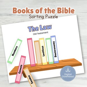 May include: A Books of the Bible Sorting Puzzle digital download featuring a shelf with colorful book spines labeled Numbers, Genesis, Exodus, Leviticus, and Deuteronomy under the heading The Law Old Testament in a clear, educational graphic format.