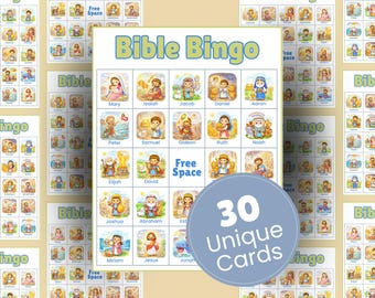 30 tarjetas de bingo de personajes bíblicos, actividades de estudio bíblico para niños, juegos de bingo, juegos cristianos, escuela dominical