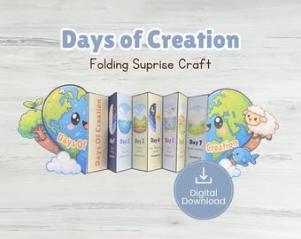 Manualidad bíblica plegable sorpresa de los 7 días de la creación para la escuela dominical, actividad para la escuela en casa, historia de la creación para la escuela bíblica de verano (imprimible).