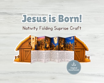 Manualidad sorpresa plegable de la Natividad para la escuela dominical. Actividad bíblica imprimible en PDF. Manualidad bíblica del nacimiento de Jesús.