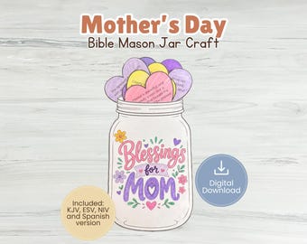 Manualidad bíblica para el Día de la Madre, Actividad bíblica para la escuela dominical, Páginas para colorear imprimibles en frascos Mason, Manualidad en español para la Escuela Bíblica de Vacaciones, Tarjeta de bendición para mamá