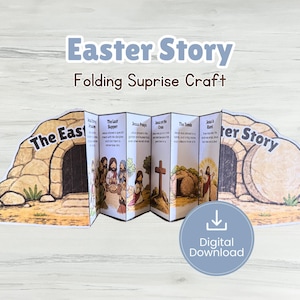 May include: A folding Easter Story craft with illustrations of biblical scenes. The title "Easter Story" is displayed above the craft. The words "Folding Surprise Craft" and "Digital Download" are also visible.