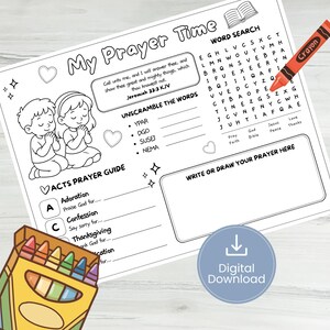 Può includere: Un foglio di attività stampabile in bianco e nero intitolato My Prayer Time che include un cruciverba, una sezione per decifrare le parole, una guida alla preghiera ACTS e un riquadro vuoto per disegnare, accompagnato da una scatola di pastelli e un pastello arancione.