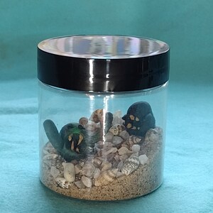 May include: A clear glass jar with a black lid contains a miniature beach scene. The scene includes sand, seashells, and two small figurines: a green turtle and a black sea creature.