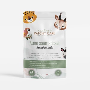 Könnte beinhalten: Ein weißer Beutel mit Patchy Care Atme Sanft Sticker, mit Tierillustrationen. Die Verpackung enthält den Text "Atme Sanft Sticker Atemfreunde" und "24 Stickers". Das Produkt wird als weich, natürlich und aromatisch beschrieben.