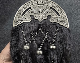 Premium Scottish Dress Sporran - Celtic Knot Thistle Cantle, Black Fur Leather Sporrans for Men - Perfect for Kilts & Special Occasions