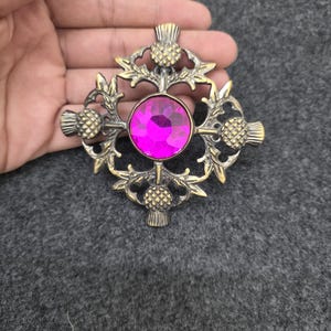 May include: A vintage-style brooch with a central, round, magenta-colored gemstone. The brooch features an ornate, bronze-colored thistle design with intricate details. The thistle design surrounds the gemstone, creating a decorative and eye-catching accessory.