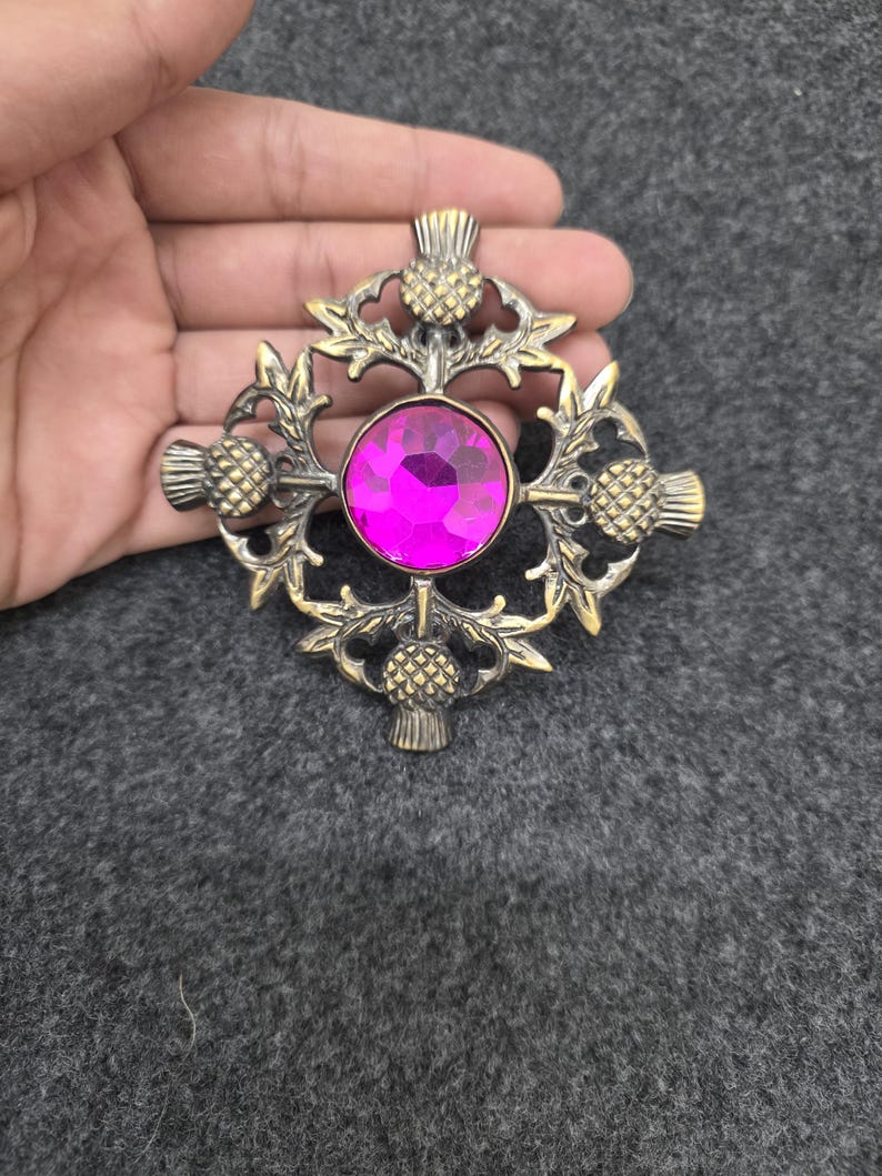 May include: A vintage-style brooch with a central, round, magenta-colored gemstone. The brooch features an ornate, bronze-colored thistle design with intricate details. The thistle design surrounds the gemstone, creating a decorative and eye-catching accessory.