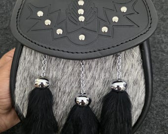 Men’s Semi Dress Scottish Sporran - Leather & Grey Fur Thistle Design - Adjustable Chain Strap - Traditional Kilt Accessory - Christmas Gift