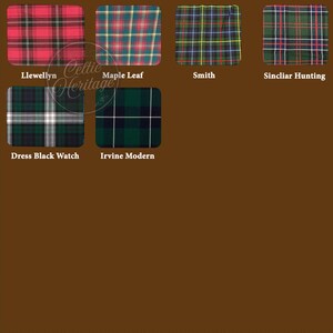 May include: A collection of six plaid fabric swatches in various color combinations. The swatches include patterns labeled Llewellyn, Maple Leaf, Smith, Sincliar Hunting, Dress Black Watch, and Irvine Modern. The Celtic Heritage logo is in the center.