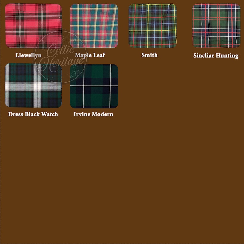 May include: A collection of six plaid fabric swatches in various color combinations. The swatches include patterns labeled Llewellyn, Maple Leaf, Smith, Sincliar Hunting, Dress Black Watch, and Irvine Modern. The Celtic Heritage logo is in the center.
