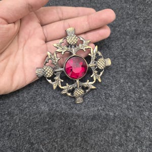 May include: Ornate brooch featuring a central, round, ruby-red gemstone. The brooch has a detailed, openwork design with thistle motifs and a bronze-colored finish. The brooch is a decorative accessory.