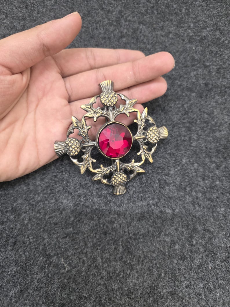 May include: Ornate brooch featuring a central, round, ruby-red gemstone. The brooch has a detailed, openwork design with thistle motifs and a bronze-colored finish. The brooch is a decorative accessory.