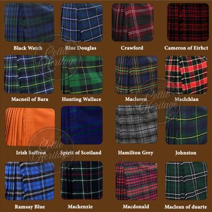 May include: A collection of tartan fabric swatches, each showcasing a unique plaid pattern. The swatches include Black Watch, Blue Douglas, Crawford, and Cameron of Eirhct. Other patterns include Macneil of Bara, Hunting Wallace, Maclaren, and Maclchlan.