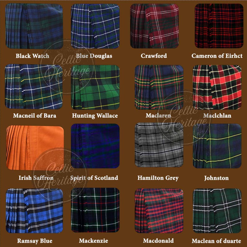 May include: A collection of tartan fabric swatches, each showcasing a unique plaid pattern. The swatches include Black Watch, Blue Douglas, Crawford, and Cameron of Eirhct. Other patterns include Macneil of Bara, Hunting Wallace, Maclaren, and Maclchlan.