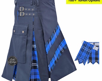 Premium Men's Hybrid Utility Kilt - Custom Scottish Tartan & Black Cotton - Cargo Pockets, 8 Yard, 16oz Acrylic Wool Fabric - 80+ Tartans