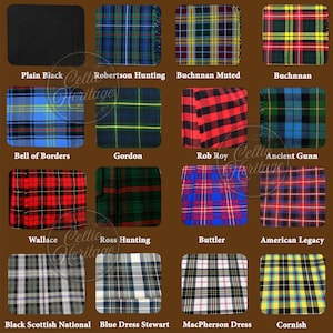 May include: A collection of tartan patterns, each with a unique color scheme and name. The image showcases various designs, including Robertson Hunting, Rob Roy, and Black Scottish National. The "Celtic Heritage" logo is visible.