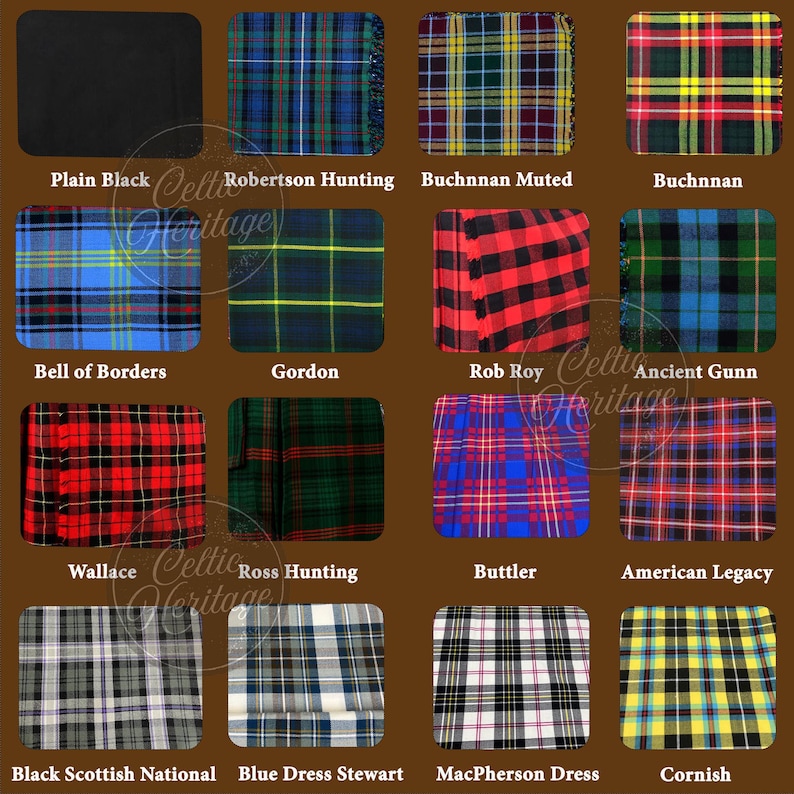May include: A collection of tartan patterns, each with a unique color scheme and name. The image showcases various designs, including Robertson Hunting, Rob Roy, and Black Scottish National. The "Celtic Heritage" logo is visible.